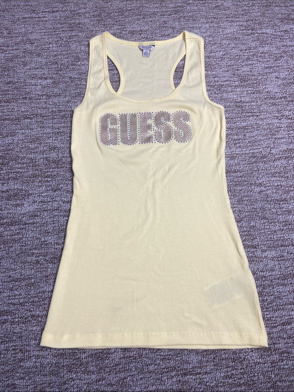 GUESS Y2K 2000s Yellow Rhinestone Logo Racerback Tank
